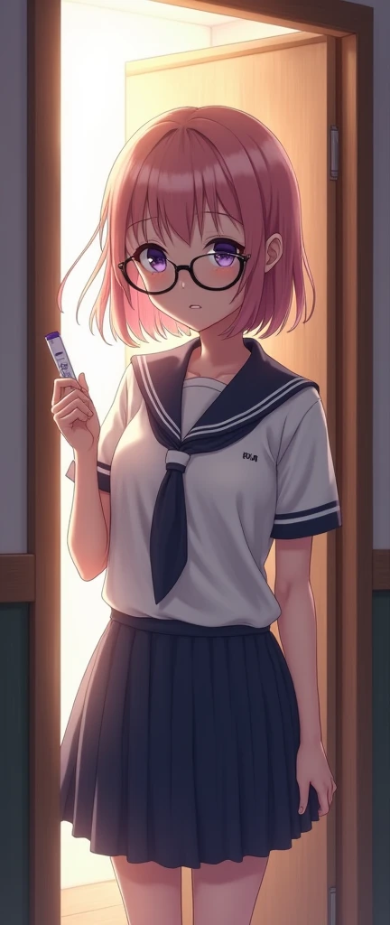  highest quality ,  very detailed , masterpiece,  anime style . a girl (With light pink hair ,  light purple eyes , wearing glasses) students ( wearing a white Japanese school uniform),  holding a pregnancy test (positive) In your hand, coming through your...