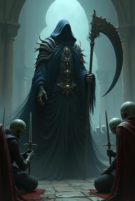 beautiful necromancer holding schyt with prostrate undead knight subordinates holding sword 