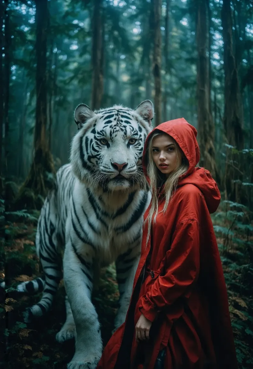 a stunningly beautiful woman stands side-by-side with an enormous white tiger, both figures captured in full from head to toe in...