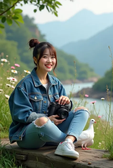 portrait of a 27 year old Korean woman, fat body, side undercut style hair, wearing a denim jaket, ripped jeans and white Jordan shoes, smiling facing the camera, holding a cannon camera, sitting on a dry wood surrounded by grass and plants green leaves wi...