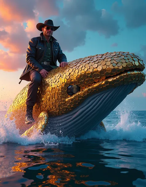 a cowboy wearing a black leather jacket, sunglasses, and a wide-brimmed cowboy hat, riding a massive whale made of gold and silver coins in the middle of a vast neon-lit ocean, dramatic lighting, cinematic, highly detailed, photorealistic, 8k, award winnin...