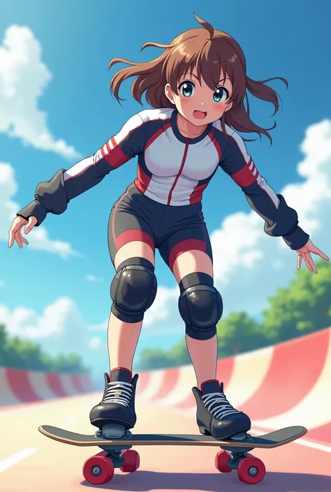 Japanese animation style, a japanese girl with brown hair, 170cm tall, wearing a long-sleeved skateboard uniform , is playing [Speed ​​Slalom] of Inline Roller Skating Sports . Wide angle lens, leading lines rule.