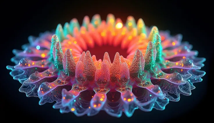 vibrant, abstract video showcasing a microscopic view of citric acid crystals. The style is highly colorful and kaleidoscopic, with a circular layout that features a dazzling array of geometric patterns. The crystals display a spectrum of colors, including...