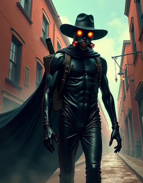 Mad Gasser. Mad Gasser of Mattoon, Wearing a gas mask with tinted goggles, Black hat, black cape, tight black leather suit, Compact backpack sprayer, Whole body all black. Brilliant steps. Intense psychedelic art, Trippy Poison gas art