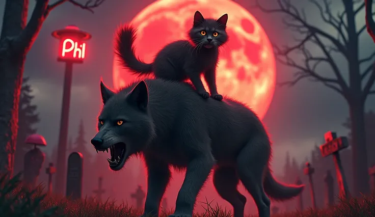 a dark brown tabby cat with long hair and big round eyes expressing fear and surprise, wide open eyes, exorbited eyes,riding on a werewolf in a cemetery full of zombies emerging from the ground, highly detailed, photorealistic, 8k, cinematic lighting, mood...