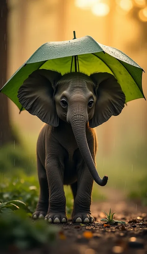 An adorable baby elephant calf with a miniature sad area, incredibly realistic and detailed, holding a tree leaf and using it as an umbrella in a light tropical rain. The baby elephant calf is placed on the foot of a tree delicately in the savannah. The te...