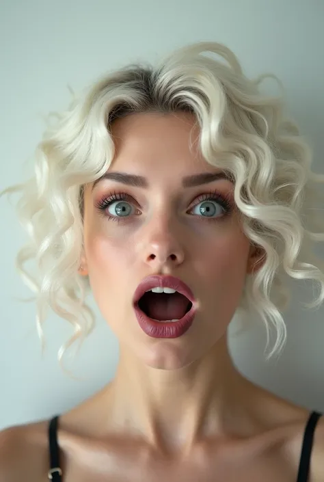  Photo of a womans face,  she is surprised , on a light background , lips painted , curly white hair