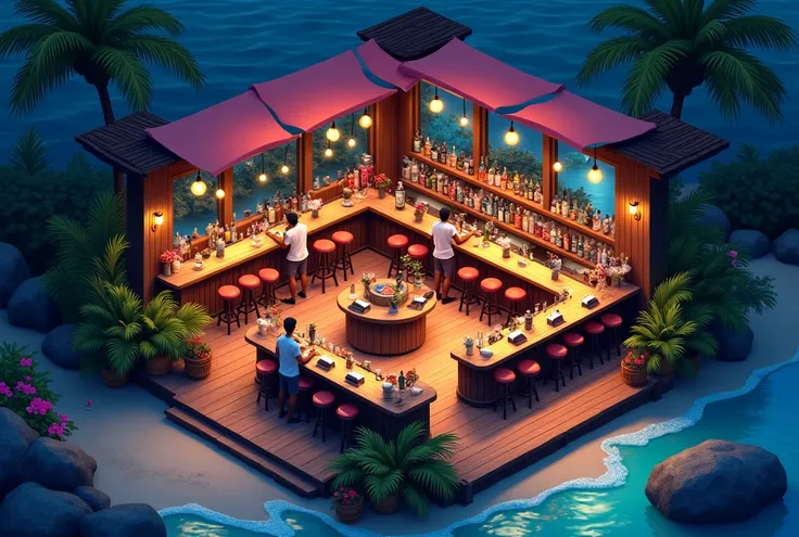 a bar with drinks, island bar ,  bar counters , night bar, wooden bar  , ISOMETRY.  view from above, WE LOOK AT THE TOP