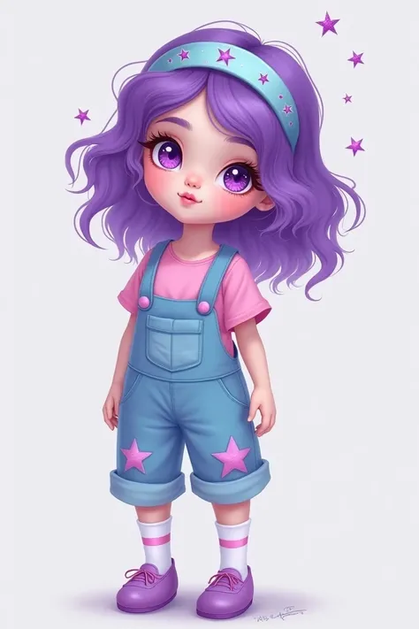 She has fair skin, purple eyes with purple stars, and wavy purple hair, she wears a light blue headband with pink stars on her head, a pink t-shirt under a light blue jumpsuit with pink stars, white socks with pink stripes, and purple shoes.