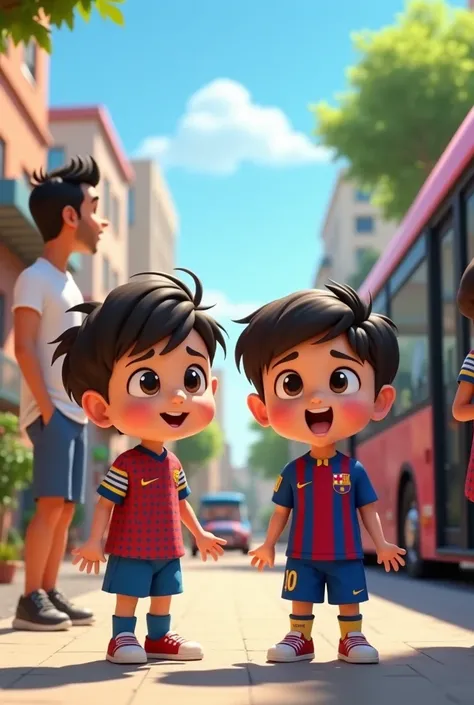 meaai wear barselona jersy and cr7 wear realmadri jersy there family ready and waiting for bus animation style



