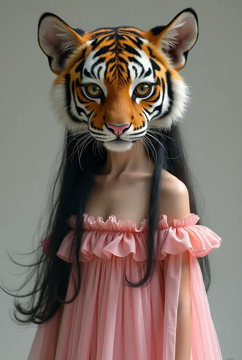 The girl has the face of a tiger, wearing a pink dress, tying her black hair on two sides.