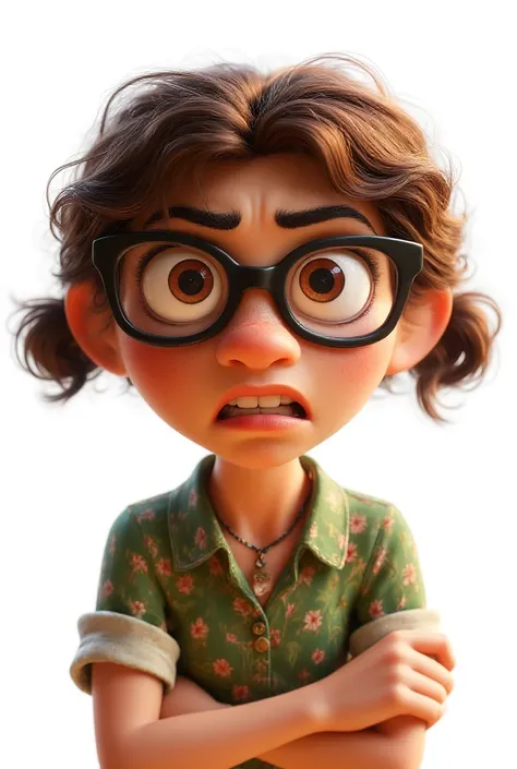 Cute cartoon character, grumpy expression, big eyes, oversized glasses, pigtails, brown hair, pouting, arms crossed, green shirt, stylized 3D rendering, exaggerated features, Pixar-inspired, whimsical, charming, high detail, soft lighting, white background