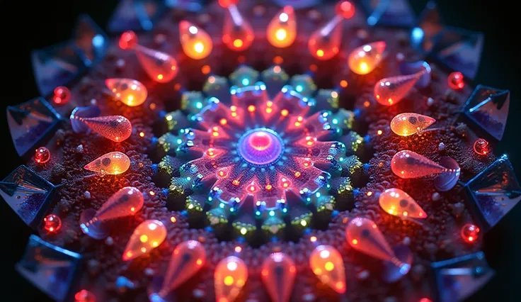 vibrant, abstract video showcasing a microscopic view of citric acid crystals. The style is highly colorful and kaleidoscopic, with a circular layout that features a dazzling array of geometric patterns. The crystals display a spectrum of colors, including...