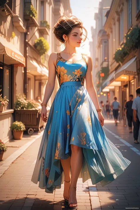 Venezuelan girl walking on the street, cinematic style soft lighting, (red, yellow and blue color clothes)