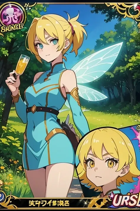  image of a fairy woman in a short dress ,  Long Sleeves,  fantasy science fiction art of the 00s ,  attractive woman with yellow hair,  snapshot from the animated series , poster from the 2000s , background city  (2 beautiful wings), (Colorful), (anime), ...