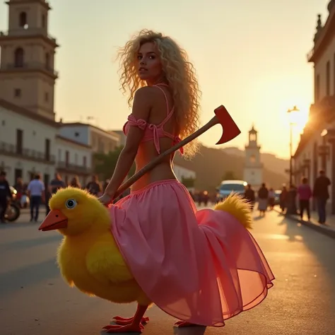 Sexy woman in a pink skirt and sexy top with long curly blonde hair holding a red axe riding a yellow chick on the street next to the Torre Efiel with the sunset in the background, Textured skin ,  text,