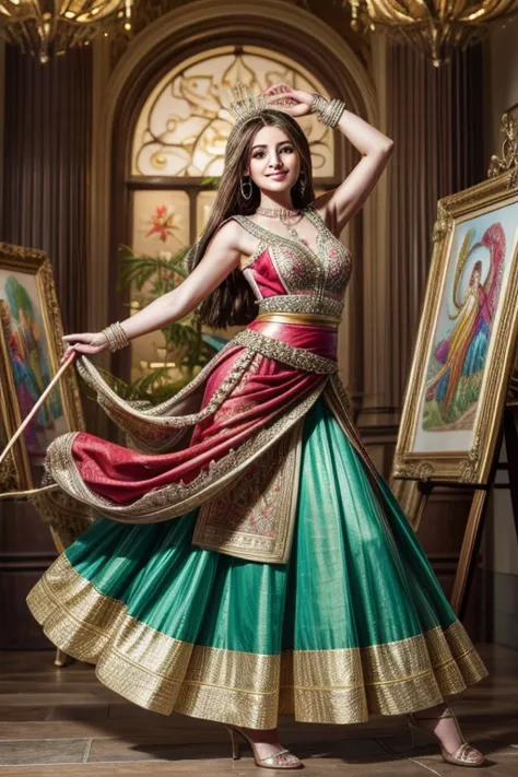 create a vibrant scene titled 'don't stop be painting.' depict a joyful dancing princess wearing a colorful, flowing dress. surr...