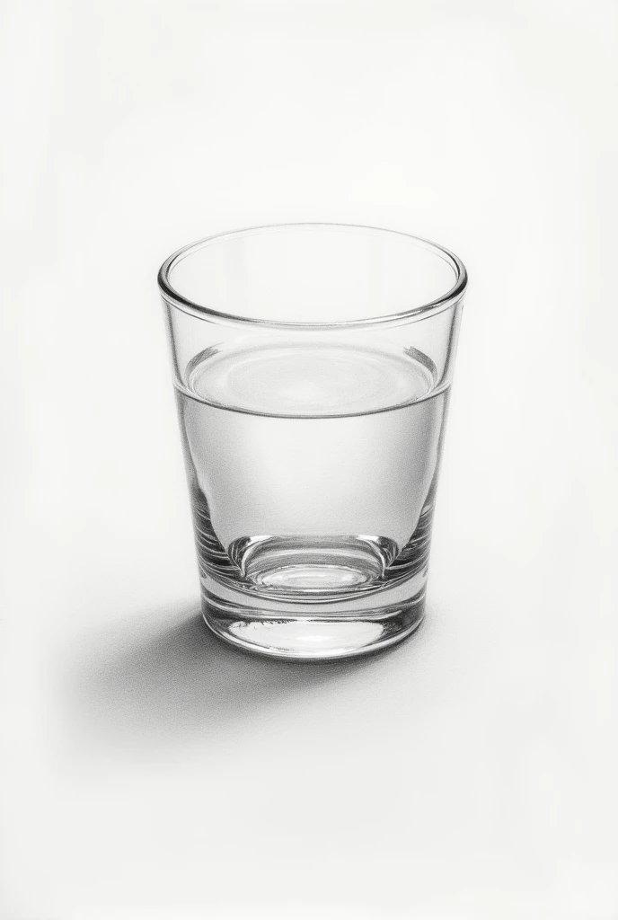 
 I want an illustration of glass ,  represented with pencil or graphite , on a square plane of 2x2 .  The image must capture the transparency and softness of the glass ,  with well-worked shadows and reflections ,  using the graphite technique to show the...