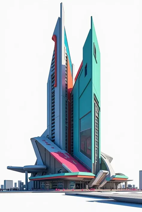 Colored futuristic building, big size, wide type building, white background