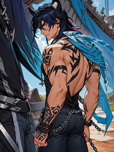   The boy is wearing black spats  　  Naked Boy  　  thin  　  blue hair 　  my hair covers my ears  　Long Hair　  long bangs  　  Boy putting pressure on his thighs 　  blanking 　put　 mouth　 realistic skin texture　  has standing light blue animal ears 　One pink ...