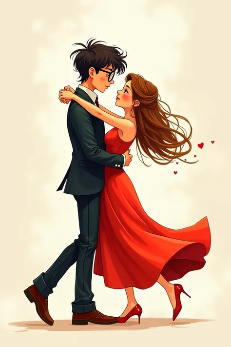 A boy having messy hairstyle wearing glasses and suit, dancing with a girl wearing a beautiful red dress. Holding each other perfectly. Sketch style