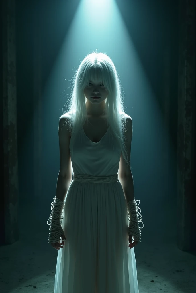  A girl with long white hair in the center of a dark room, , a spotlight falls on her from above and you can see threads , that her hands are tied 