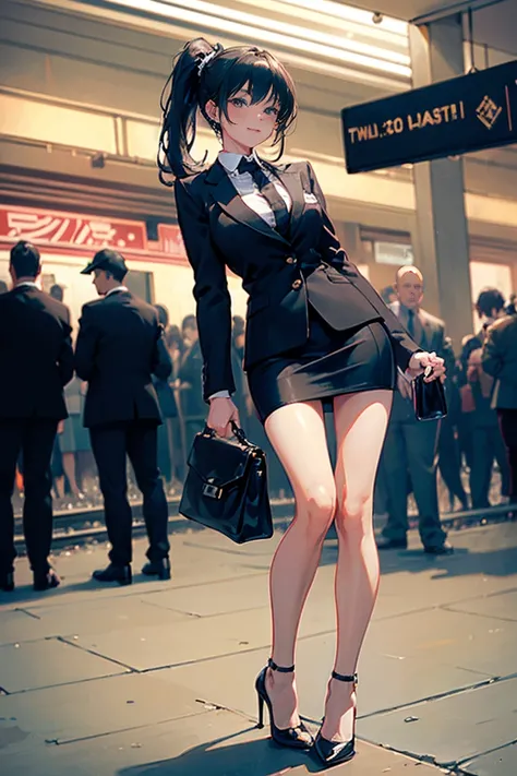 ((masterpiece, top quality, 8k, ultra highly detailed, high resolution)), 1 girl, 22 years old, elegant smile:1.4, perfect cute face:1.4, symmetrical eyes, black hair, low ponytail, (full body shot, polite standing:1.3, beautiful legs), ((black business su...