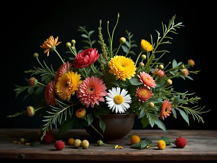 Still life composition about nature. Dark background. With a lot of flowers. Natural texture. The light is very dark. Intense mood. with an ethereal atmosphere under gentle lighting, professionally color graded visual.