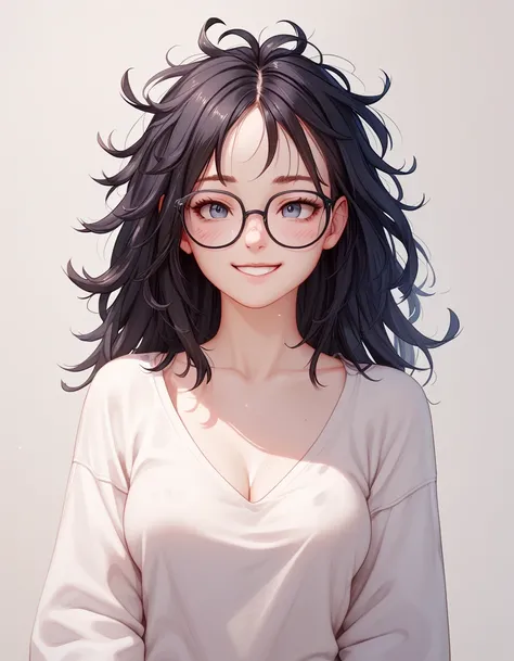 1girl,messy hair,glasses,blush,smile,pajyama,medium breasts