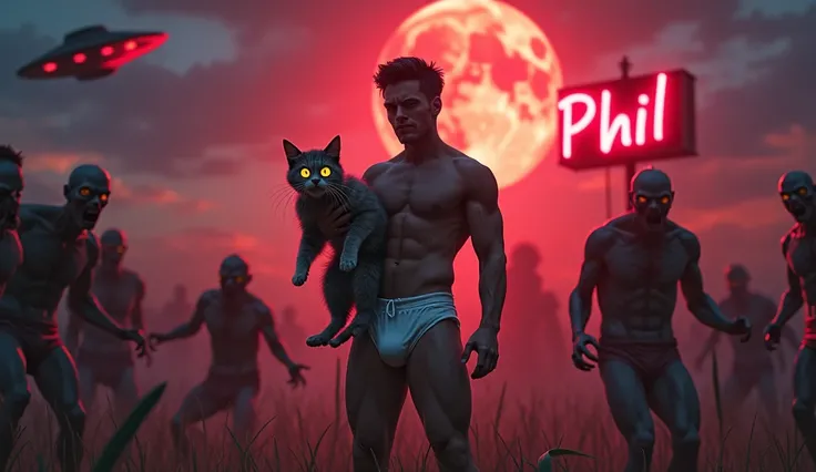 a super sexy man only wearing sexy revealing white thongs making the crotch look bigger prominent bulge holding a brown tabby Maine Coon cat with long hair and big round eyes expressing fear and surprise, wide open eyes, cat with exorbited eyes almost cart...