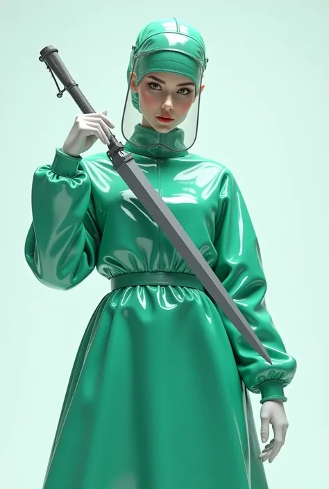 Female nurse wear a green latex shiny gown and face shield and a cap holds an extremely long scalpel