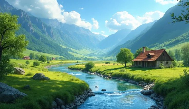 River flowing through valley, mountains in background, green grassland, detailed landscape, beautiful natural scenery, atmospheric lighting, clear blue sky, cool colors, practical, photo practical, detailed foliage, charming country house, swirling vibrant...