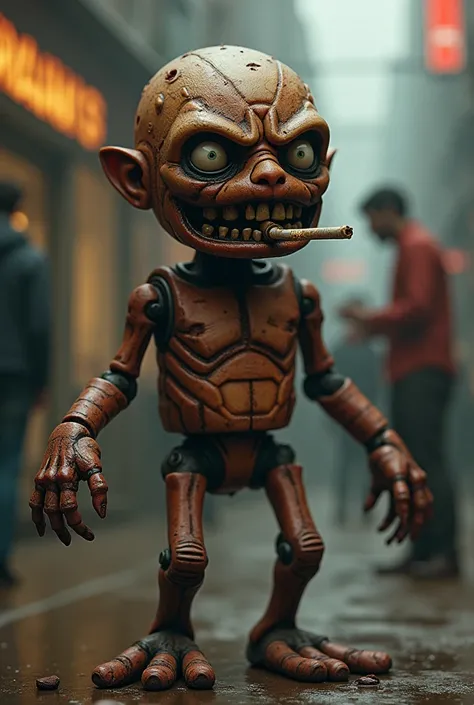 A live toy with hands, feet and an angry face beats people and smokes a cigarette