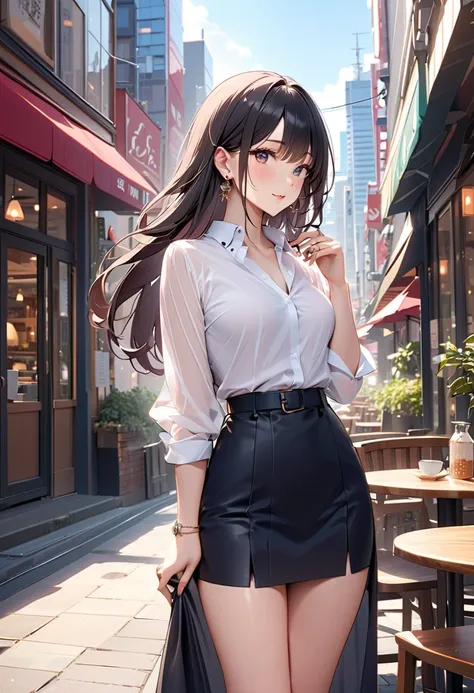  best quality,  amazing,delicate,  super detailed, beautiful, 8k ,  1 girl,  Black Long Hair ,Business shirts,  earrings for a woman alone, Outdoor,  bright 、Married Woman,sunlight、Clear skies、Cafes in Tokyo、Skyscrapers in the background、bewitching、coquett...