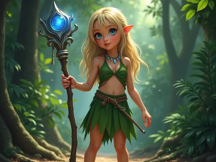 Pretty young blonde girl, wild dressed in a green loincloth, typical Asian face, blue eyes, bare feet, holding a silver magicians stick with a blue gem, with a background of a well-lit tropical forest