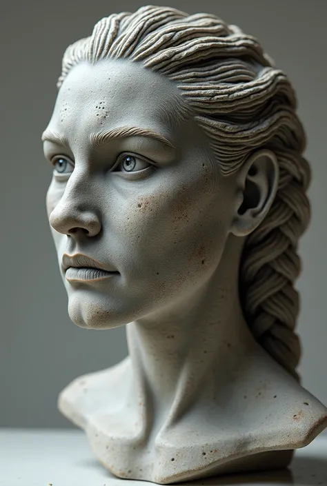 a hyper-ralistic face featuring rough surface and braided hairstyle of a stone bust of viking woman in 3/4 view !