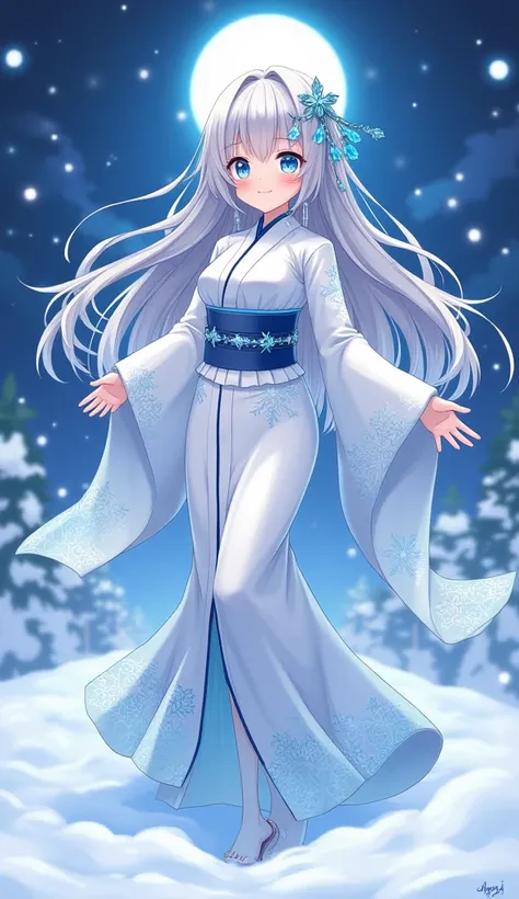  snow woman 1 girl 、 long silver hair 、Princess cut、 starry sky 　Full moon night　Demon power　freeze、ice　Crystals of 、 white kimono、kimono、Light blue eyes、cute、 light blue snowflake pattern kimono、 girlfriend 、 detailed background with white knee-high 、Kimo...