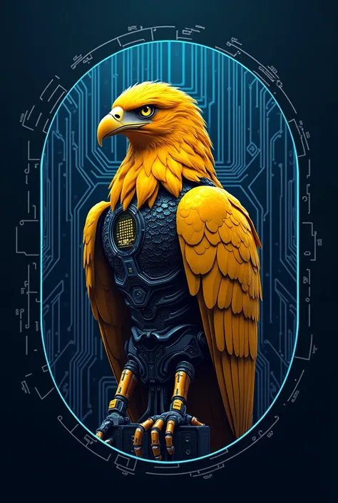  Create logo according to this description  

*oval*

 - Main shape of the logo
- Background :  electronic circuit tracks in silver blue 


*Eagle bird *

 - Emerging from the background of the oval
- Color :  vibrant yellow
- Style :  style 
- Details :  ...