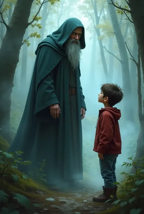 A young boy, Timmy, around , dressed in a red jacket, faded jeans, and sturdy boots, "A shadowy figure, the old man, emerges from the mist in the forest. He is tall, with a long, flowing cloak and a hood that partially obscures his face. His eyes gleam wit...