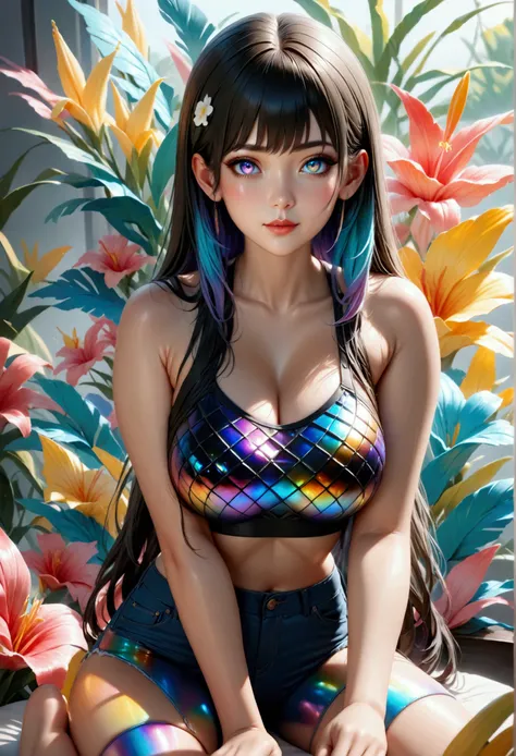 1maturegirl,mahiru shina, Long smooth straight black hair, inner dark iridescent hair, iridescent eyes,aesthetic curvy figure,sitting in crop top and short jeans,masterpiece, super detail,detailed eyes, best quality, 8k,realistic