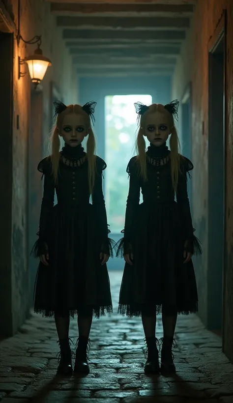 At the back of a dimly lit passageway in an old Western-style building, creepy-looking twin young fair-haired girls wearing Gothic Lolita costumes are standing side by side.