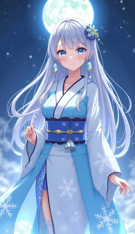  snow woman 1 girl 、 long silver hair 、Princess cut、 starry sky 　Full moon night　Demon power　freeze、Ice crystals、 white kimono、kimono、Light blue eyes、cute、 light blue snowflake pattern kimono、 girlfriend 、 detailed background with white knee-high 、Kimono l...