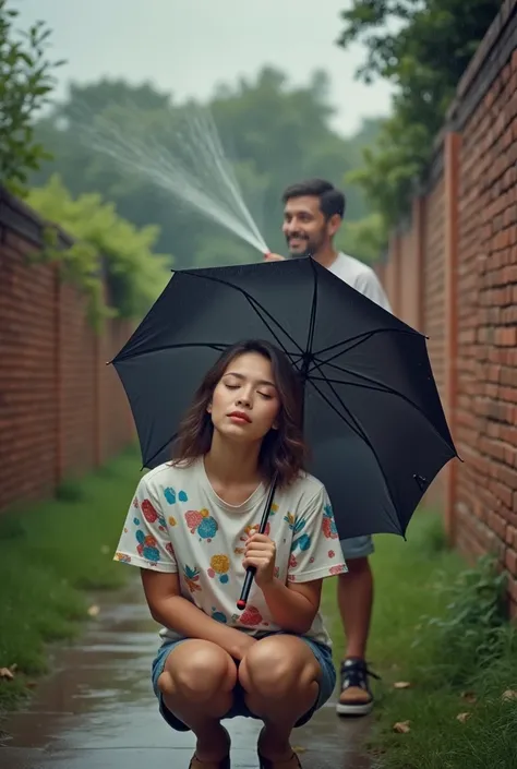 scene of a beautiful woman, sleepy face, wear abstract patterns tshirt, crouch down,  holding open umbrella ,   brick fence behind this woman . A man, Clean Face, 20 year old behind fence ,  watering her from above with a flower sprinkler, this man smiled ...