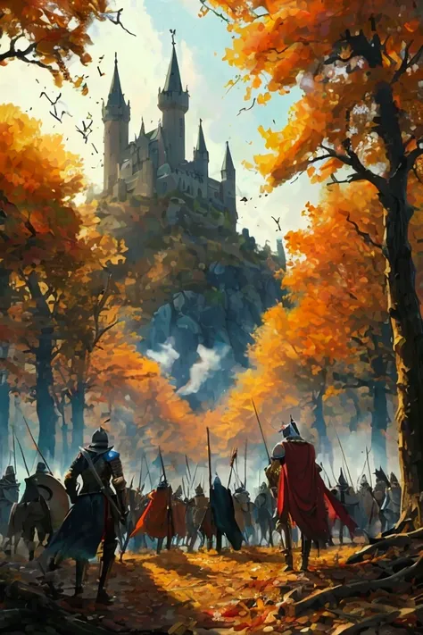 a car accident in an "A medieval battle unfolds in a dense forest during late autumn, with fiery orange, golden, and brown hues blanketing the trees. At the heart of the scene stands a majestic castle with pointed spires, nestled atop a hill partially obsc...