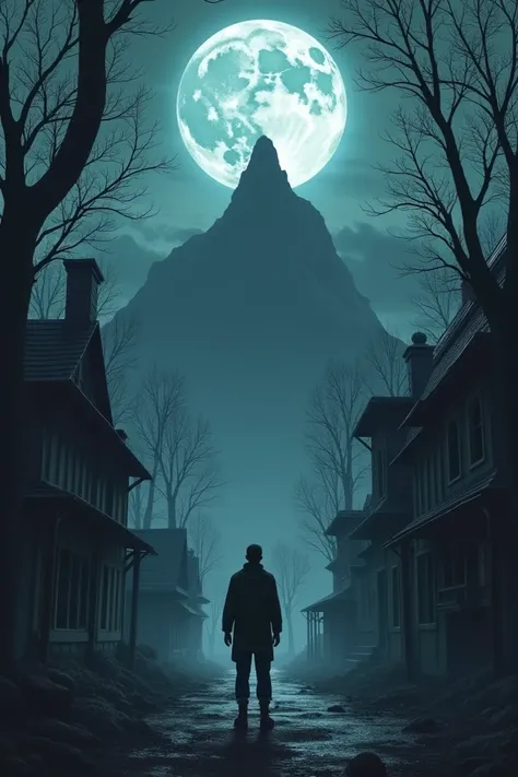 A men standing in a abandoned horror village street and surrounded with tress and in the front of the man a tall mountain and uper the mountain full moon and men seeing the moon and horror creepy night