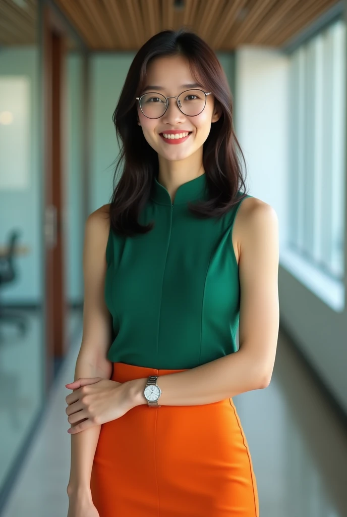 Teacher Chinese Women 
Green High Neck Sleevesless and Orange Skirt 
Wearing glasses
Wearing a watch
Medium Short Straight Hair
 Average body 
32B Cup Breast Size
Butt Size 38 inches 
Hip Size 40 inches 
Like 30 Years Olds Adult 
Beautiful Slender Eyes 
Be...