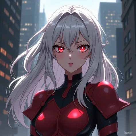 My Hero Academia oc Girl with White Hair, Red Eyes, No Sexy Hero Ouffit with Red and black