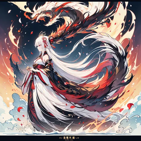 (Divine Beast), Nine-tailed fox,  Dynamic Body Type , (Chinese Monster),  handsome,  splashed Ink, Chinese,  1 girl, ((whole body), ((2.5D)), Floating Hair,   beautiful eyes ,  delicate eyes ,  Delicate silhouette ,  Fantasy Art , ( black and red antique b...