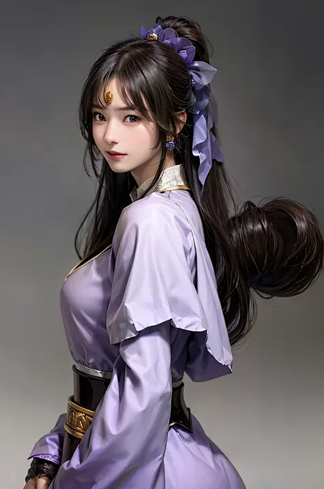  in armor and a purple cloak, 1 person, Cute Ponytail , large breasts and crevage , highly detailed face and skin textures, stare at the camera, perfect beauty: 1.4, fine grain, double eyelids, Whitening, best quality, ultra high resolution, simple backgro...