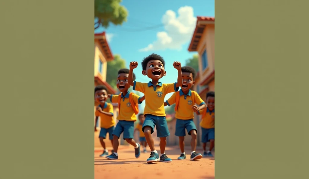 3D African young school boy, coming back from school, wearing school uniform, dancing and walking with his friends, fun and enjoying song from "Colors of the Rainbow", Pixar 3D style scene